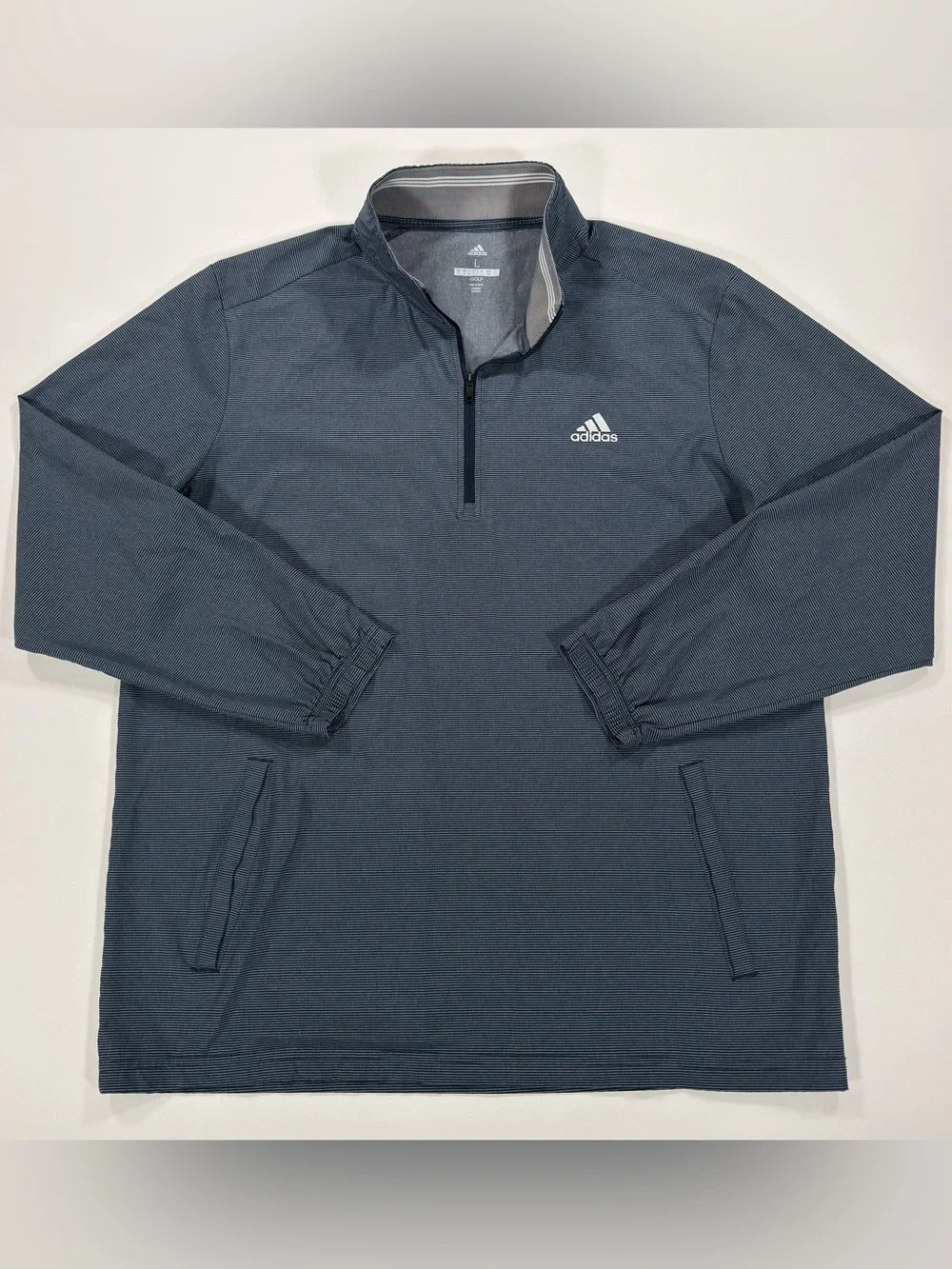Adidas Golf Pullover Mens Large 1/4 Zip Blue Gray Micro Striped Jacket Pockets